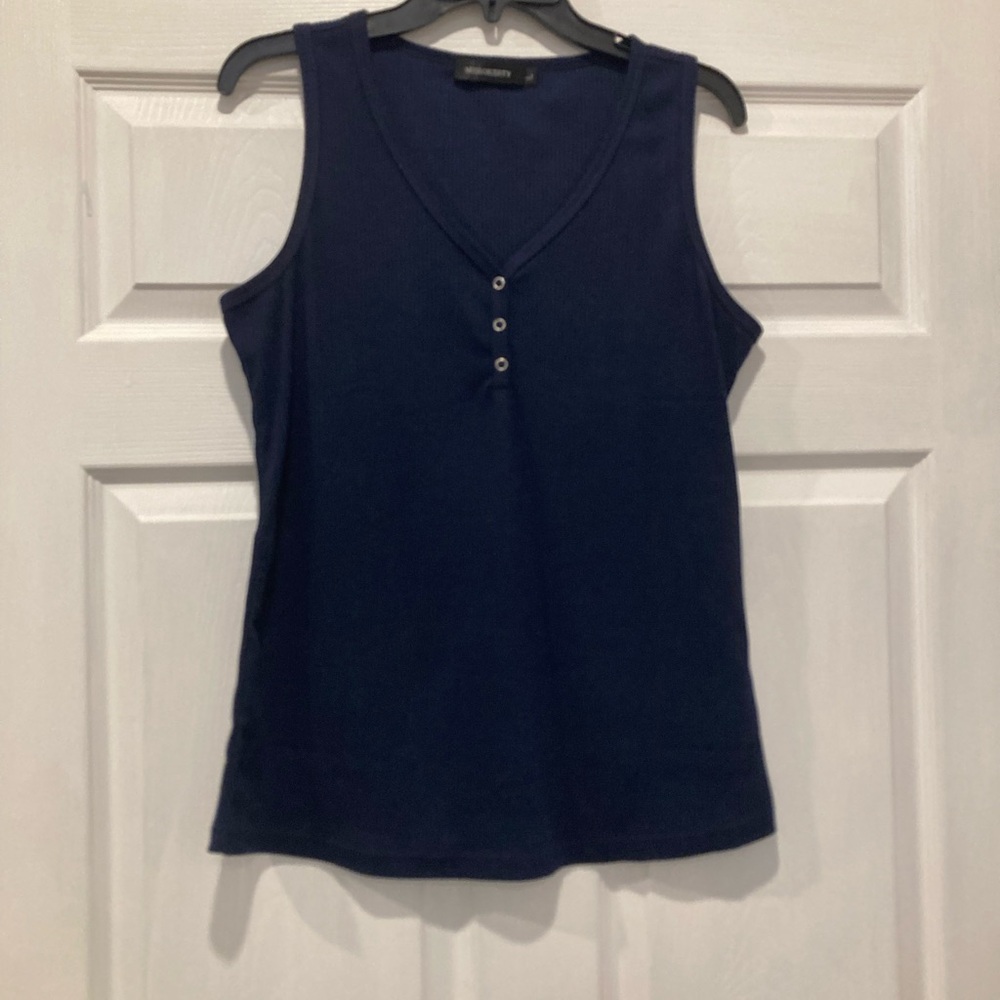 Sleeveless Ribbed Henley Tank Top Navy M - Picture 4 of 5
